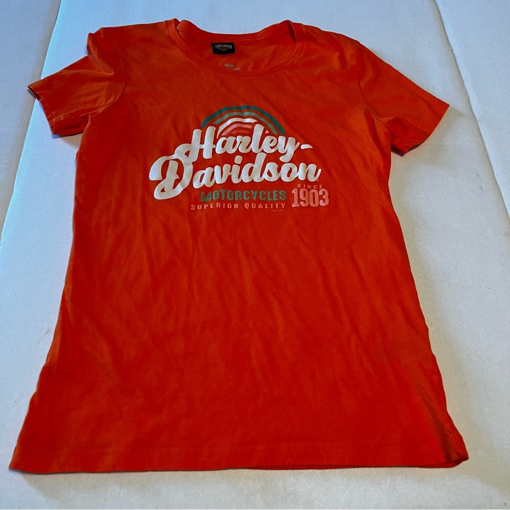 Harley Davidson Barnett Elโ Paso Texas Women SZ Medium Orange Short Sleeve Shirt